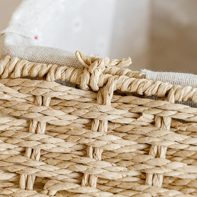 Wicker Shelf Basket with Lid Paper Storage Baskets for Shelves Large Storage Bin with Removable Liner Nesting Decorative Woven Basket for Makeup Closet Organizer (Large, Khaki)
