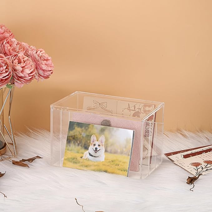 BTSKY Clear Acrylic 5 x 8 inch Index Card Box with Sign Lid & Removable Inserts, Divided 3-Compartment Index Card Holder Notecard Box Photo Storage Organizer for Filling Note Cards,Flashcards, Recipes