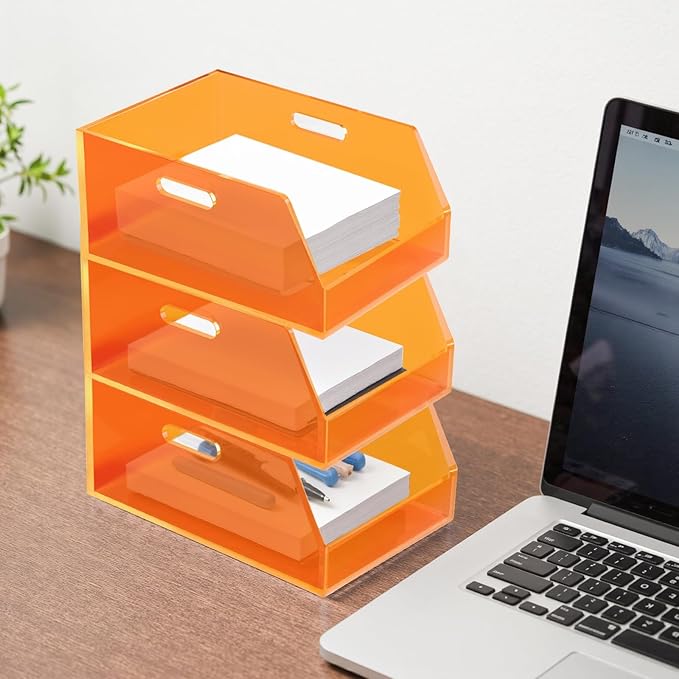 Gelite Stackable Storage Bins Open Front Organizer Bins with Handles Acrylic Storage Container for Pantry Kitchen Cabinet Bathroom Closet Office Organization, 11.4x7.5x5.1'', Neon Orange