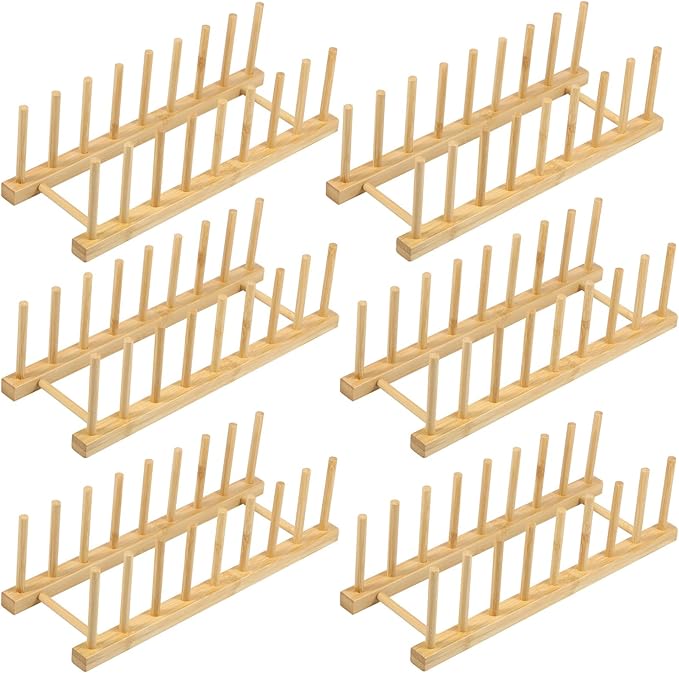 6 Pack Bamboo Dish Dying Rack 8-Slot Wooden Plate Stand Holder Pot Lid Organizer Home Kitchen Cabinet Drainer Storage Racks for Dish, Pots, Lids, Bowls, Cups, Cutting Boards, Books