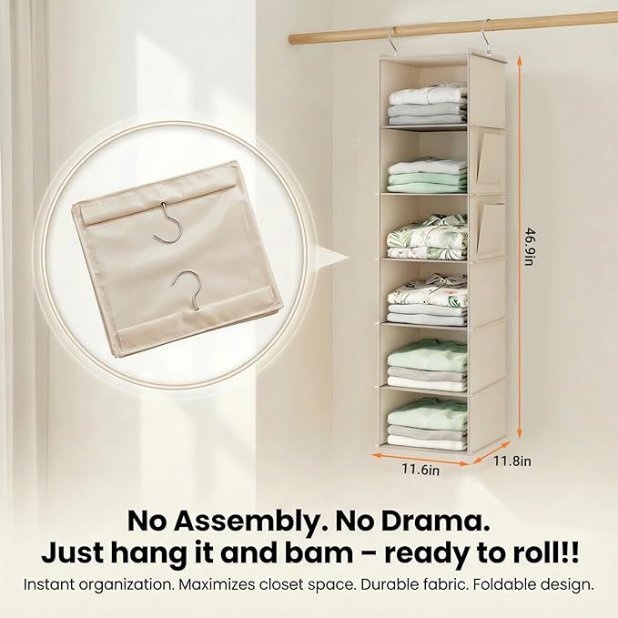 2 Pack 6-Shelf Hanging Closet Organizer, Closet Hanging Storage Shelves with Side Pockets for Clothes, Shoes, Accessories, Wardrobe Organizer, Space Saving Solution