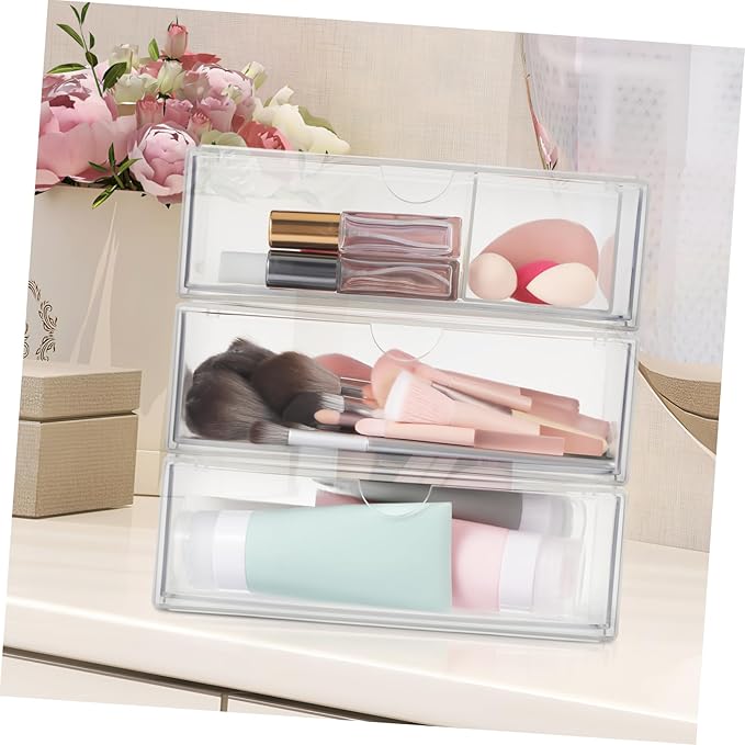 3pcs Elegant Lidded Makeup Organizer Storage Box Lipstick Holder Desktop Cosmetics Organizer for Vanity Bathroom