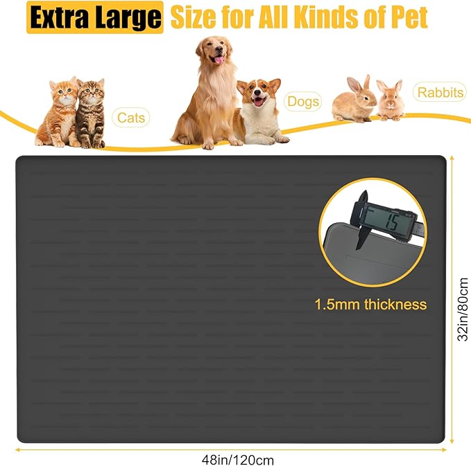 1.5MM Super Thick Dog Food Mat, 48"x32" Silicone Dog and Cat Mats for Food and Water Bowls, Waterproof Pet Feeding Mat for Contain Spills Protects Floors, Multiple Colors & Sizes for Pets, Light Gray