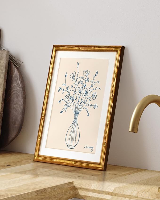 HUARCEY Botanical Blue Line Art 11x14 Inch Minimalist Flower Vase Print, Gold Bamboo-Textured Frame Modern Canvas Art for Living Room Bedroom Bathroom, Neutral Floral Home Office Gallery Wall Decor