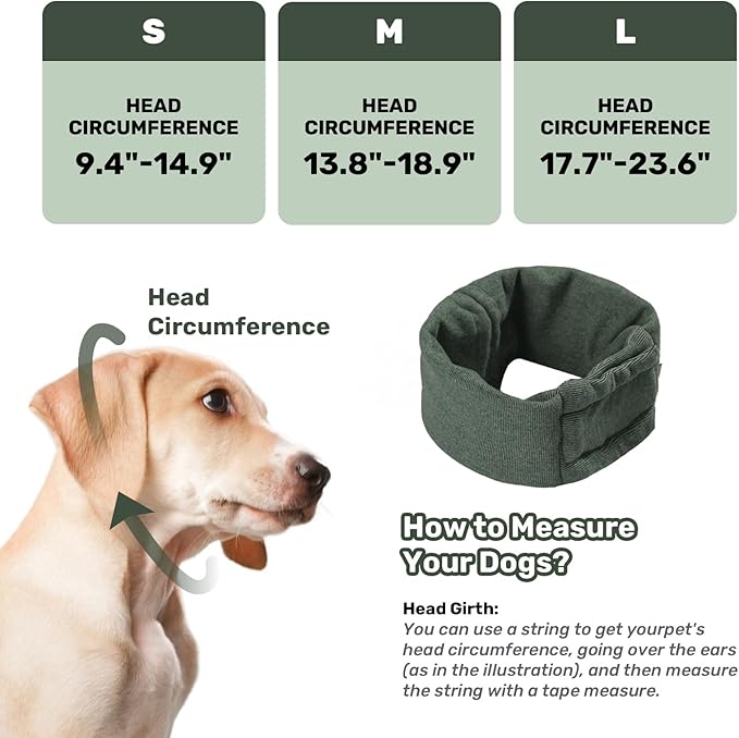 Dog Calming Hoodie, No Shake Ear Wraps for Dogs, Adjustable Dog Ear Muffs for Noise Protection, Ear Wrap Head Cover for Anxiety Relief & Hematoma (Olive Green, L(Head Circle:17.7"-23.6"))