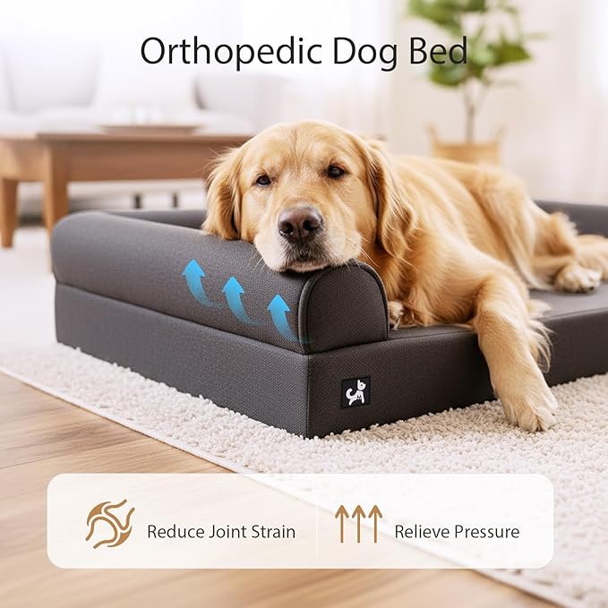 Sytopia 42" Orthopedic Dog Bed for Large Dogs, Waterproof Egg Crate Foam XL Pet Bed with Removable Washable Cover, Non-Slip Bottom, Supports up to 100 lbs for Senior Pets, Dark Gray