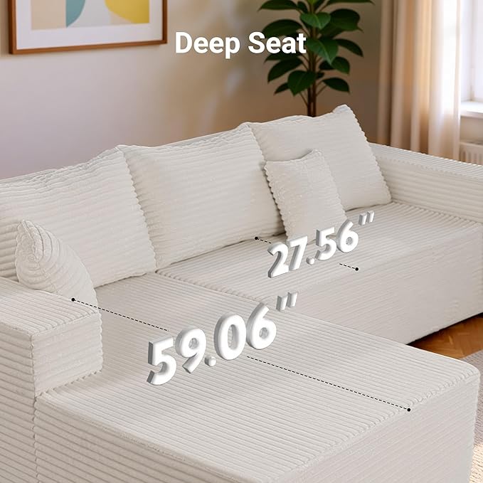 Claiks 110" Boneless Couch, Cloud Couch Sectional, L-Shape Corduroy Modular Sectional Sofa Deep Seat, Upholstered Couches for Living Room, No Assembly Required, Beige, Left Facing Chaise