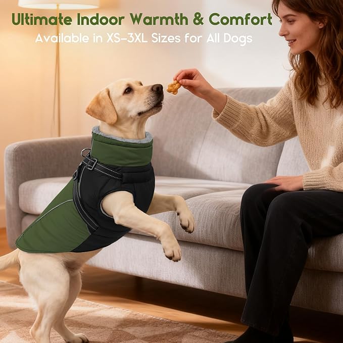 ASENKU Reflective Dog Coat with Built-in Harness, Windproof Fleece-Lined Dog Jacket for Small, Medium, Large Dogs, Warm Winter Vest with Turtleneck & Zipper (Green L)