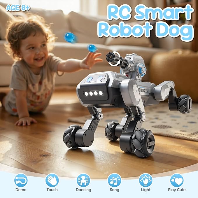 Smart Robot Dog RC Stunt Car Toys with Wheels, Remote Control STEM Pet Robot Toy with Music,Bionic Actions,Voice& Remote Control,Gesture Sensing,All-Terrain Stunt Pet Toy with Blaster foy Kids