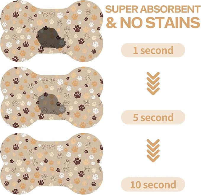 Pet Dog Cat Food Mat, Absorbent Bone Shaped Dog Bowl Mats for Food and Water, Non Slip Cute Dogs Cat Placemats Feeding Mat with Rubber for Floors Indoor Puppy Pet Accessories Supplies 12"x20" Khaki