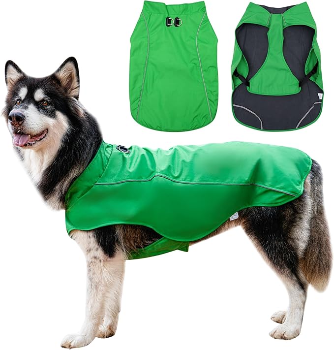 Outdoor Waterproof Dog Jacket for Extra Large Dogs,Doggie Coats with Harness Buitl in D-Ring Warm Fleece Dog Clothes for Cold Winter,Green 5XL