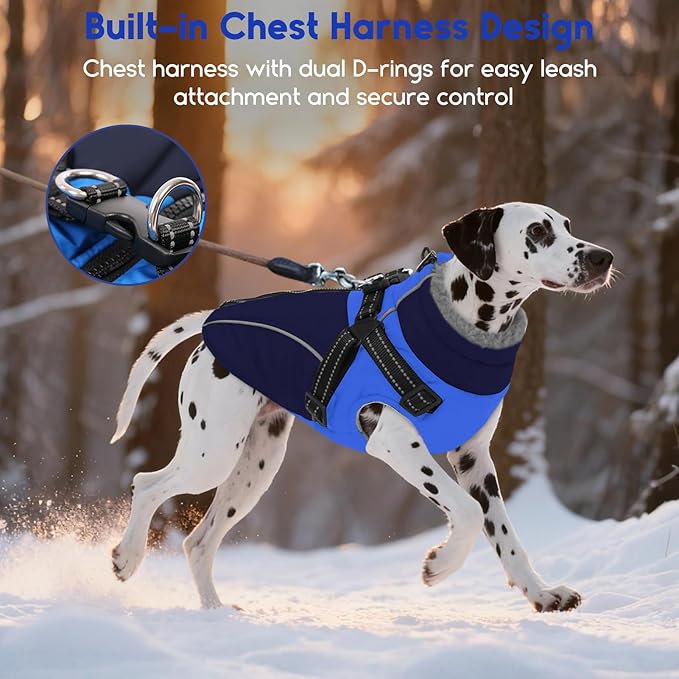 ASENKU Reflective Dog Coat with Built-in Harness, Windproof Fleece-Lined Dog Jacket for Small, Medium, Large Dogs, Warm Winter Vest with Turtleneck & Zipper (Navyblue XL)