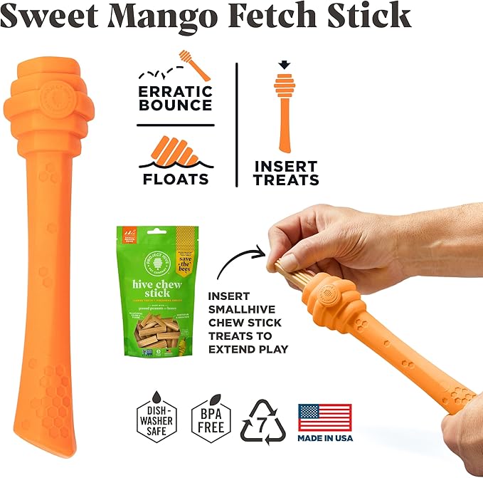 PROJECT HIVE ·PET COMPANY· - Sweet Mango Scented - Hive Dog Fetch Stick for Large Breeds - Dog Stick Toy - Floats in Water - Treat Dispenser Toy - Durable and Tough - Made in The USA
