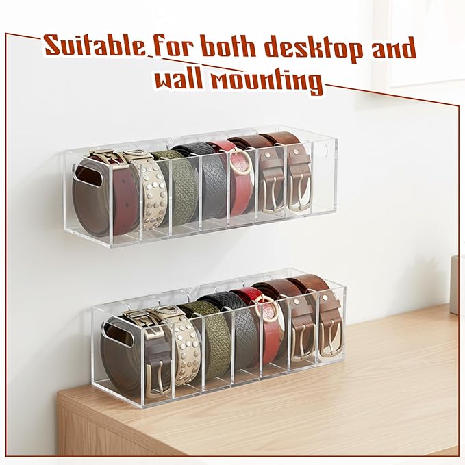 Acrylic Belt Organizer, Belt Organizer for Drawer with Lid and Handle Dustproof 7 Compartments 2 in 1 Beltbox Hangable Sock Storage Durable for Storing Ties in Wardrobes and Drawers