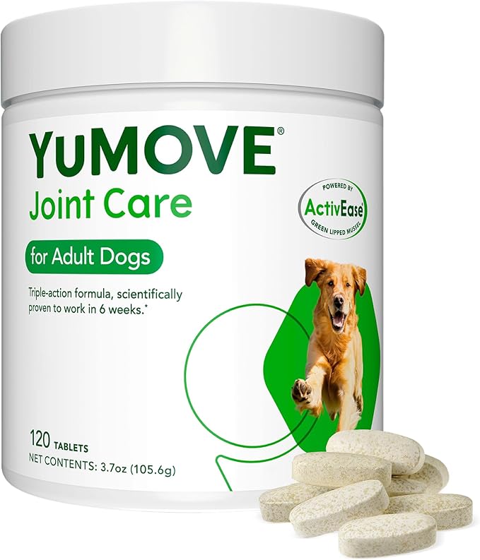 Yumove Hip & Joint Supplement for Dogs with Glucosamine, Hyaluronic Acid, Green Lipped Mussel & Omega 3 Joint Supplement - Regular or Advanced Strength (120 Count, Chewable Tablets)
