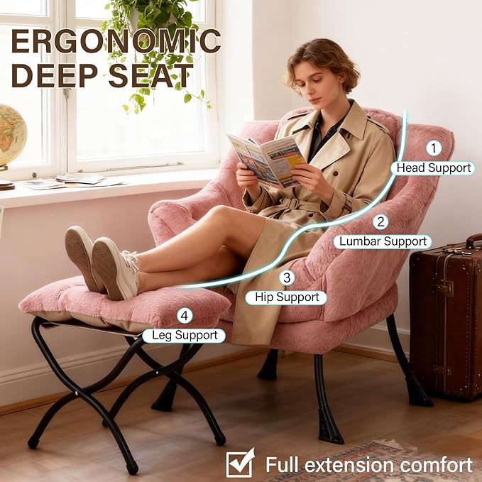 Welnow Lazy Chair with Ottoman, Modern Lounge Accent Chair with Armrests and a Side Pocket, Leisure Sofa Armchair Set, Reading Armchair with Footrest for Small Space, Plush Dark Pink