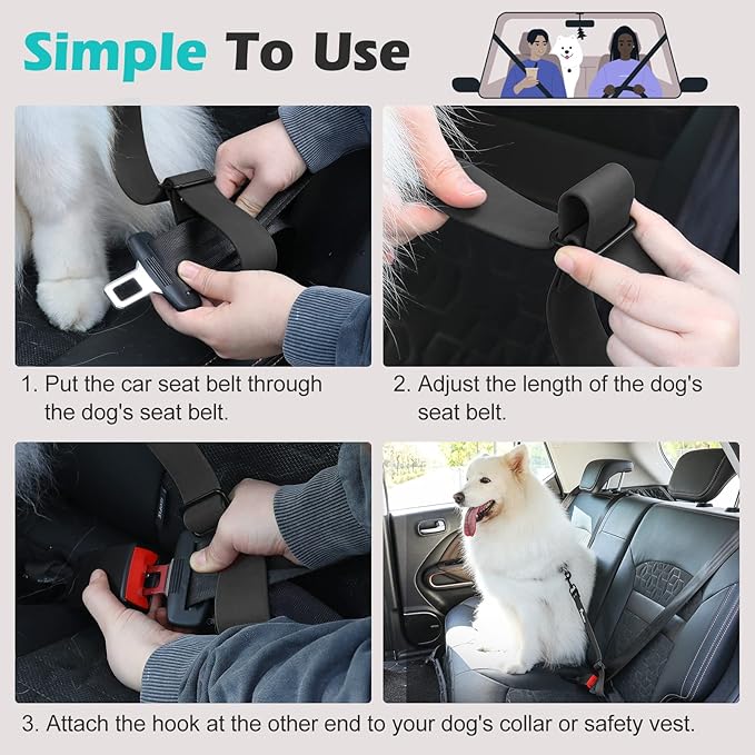Pawaboo Dog Car Seatbelt, Universal Pet Safety Belt, Chew-Proof Dog Car Restraint with Adjustable Strap, Nylon Woven Belt & PVC Shell Dog Seatbelt Harness, Dog Leash with 360° Hook, 32 in, Black