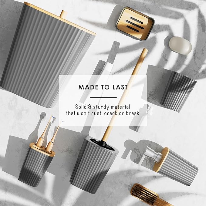 Clara Clark Bathroom Set - Grey Bathroom Accessories Set, 6PC Bathroom Accessory Set, Bathroom Sets with Toilet Brush, Trash Can & Soap Dispenser
