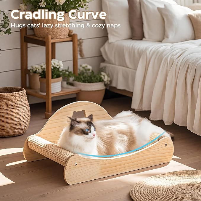 Avont Sisal Cat Scratcher Bed, Natural Solid Wood Scratch Lounger, No Mess Scratching Chair Couch for Indoor Cats -Large