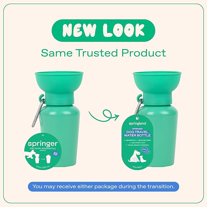 Springer by Springland Flip Portable Dog Water Bottle with Foldable Food Grade Silicone Bowl - 20 Ounce Travel Dog Water Bottle Ideal for Camping - Easy Squeeze Hydration & Release to Drain