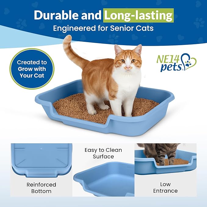 KittyGoHere Senior Cat Litter Box, Large Litter pan, Open Top Low Entrance Kitty Litter Box, Lightweight Low Entry Litters Box, Durable, Made in USA (2 Pack - Little Boy Blue)