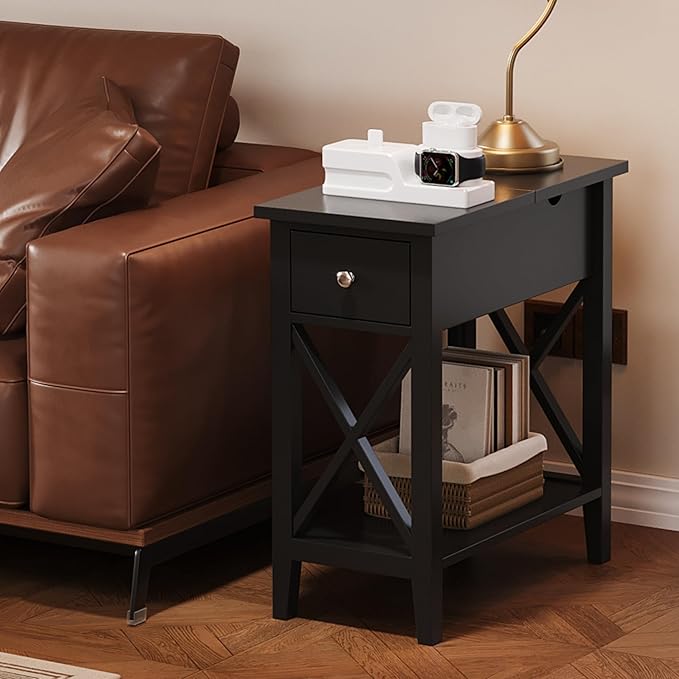 ChooChoo End Table, Flip Top Narrow End Table with Drawer, Accent Small Side Table Nightstand for Living Room, Bedroom, and Small Spaces, Black