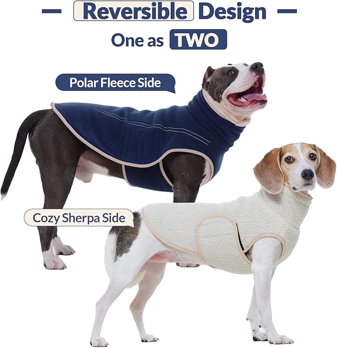 ROZKITCH Reversible Dog Jackets for Large, Thick Fleece Sherpa Sweater with Leash Hole, Double-Sided XL Large Dog Jacket Winter Pitbull DarkBlue XL