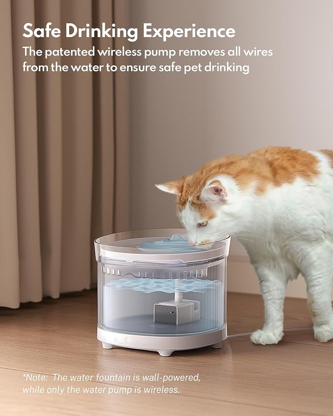 Homerunpet Cat Water Fountain with Wireless Pump, Ultra Quiet Pet Water Fountain Indoor, BPA-Free, Detachable Design, Easy to Clean Cat Water Bowl for Cats, Dogs, Filters Included, 68oz/2L