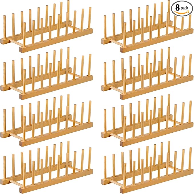 Thenshop 8 Pcs Wooden Plate Rack Organizer for Cabinet, 8 Slots Plate Drying Rack, Dish Organizer Holder, Pot Lid Stand, for Bowl Cup Cutting Board Kitchen Storage