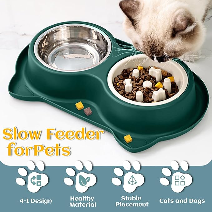 Slow Feeder Dog & Cat Bowls - 3-in-1 Slow Feeding & Water Bowl | Non-Slip Mat & Stainless Steel Bowls | Final Loss Leader Sale | Limited Stock While Supplies Last. (Green)