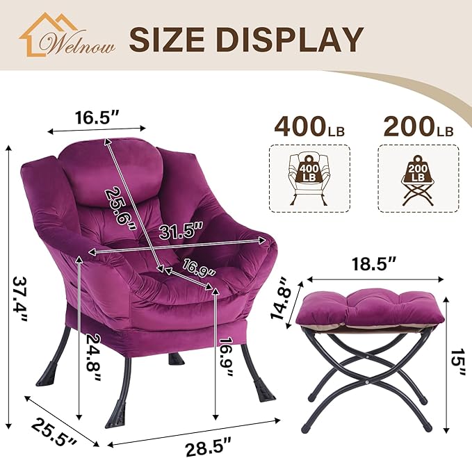 Welnow Lazy Chair with Ottoman, Modern Lounge Accent Chair with Armrests and a Side Pocket, Leisure Sofa Armchair Set, Reading Armchair with Footrest for Small Space, Dark Purple