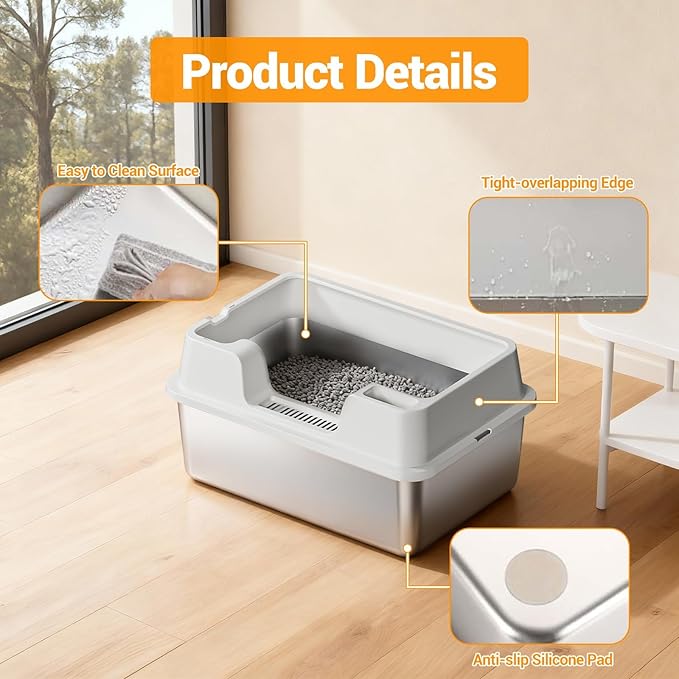 Enclosed Stainless Steel Cat Litter Box with Lid, XL Extra Large Litter Box for Big Cats, Metal Litter Pan High Sided, Never Absorbs Odors, Anti-Urine Leakage, Easy Cleaning, Include Scoop