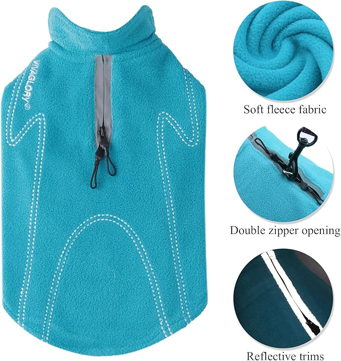 VIVAGLORY Dog Fleece Coat Warm Jacket with Hook and Loop Fastener, Easy to Take on and Off, Winter Vest Sweater for Small Medium Large Dogs Puppy Windproof Clothes for Cold Weather, Turquoise, XXS