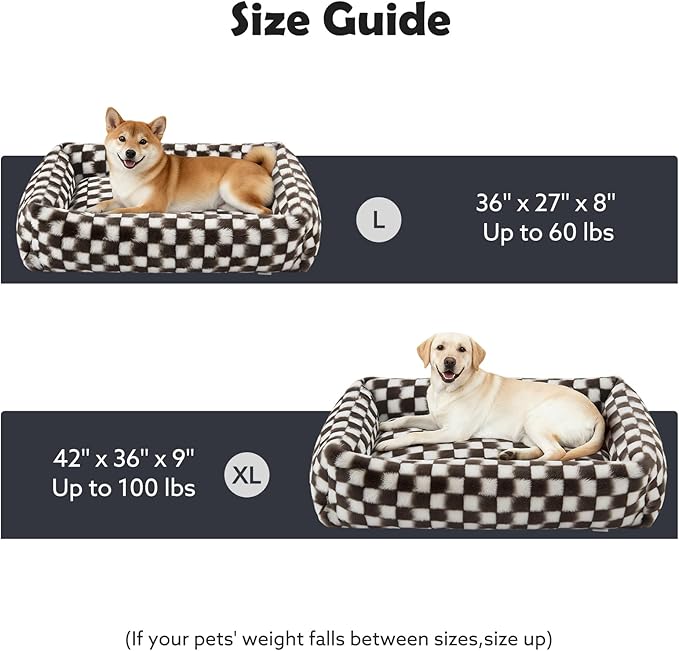 JOEJOY Small Dog Bed for Small Dogs, Removable Washable Cover Orthopedic Soft Faux Rabbit Fur Pet Bed, Anti-Slip Fluffy Plush Puppy Bed, 20"x19"x6", Checkered, Brown