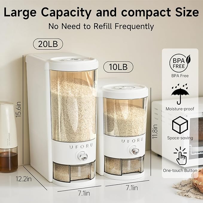 Rice Dispenser 10 lbs | Large Rice Storage Container for Kitchen&Pantry - Space-saving, Moisture & Pest-proof, BPA-Free - Dry Food Dispenser with One-Touch Dispenser & Measuring Cup for Families