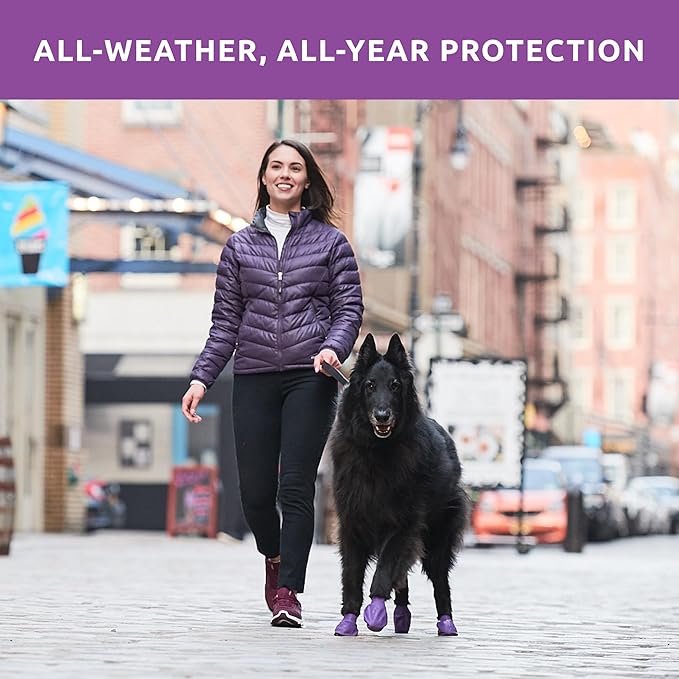 PawZ Rubber Dog Boots for Large Paws - All-Weather Waterproof Dog Shoes, Anti-Slip Traction for Rain, Snow, Mud & Hot Pavement - Pull-On Dog Booties, Purple - Large (3"- 4") - Pack of 24