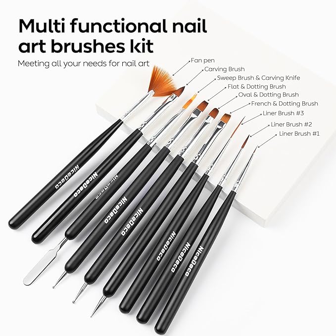 Nicedeco Nail Art Brushes 9pcs, Double-ended Nail Dotting Tool Gel Polish Liner Brushes Design Pen For Nail Drawing and Nail Paint Small Detail Brushes Manicure Design Set