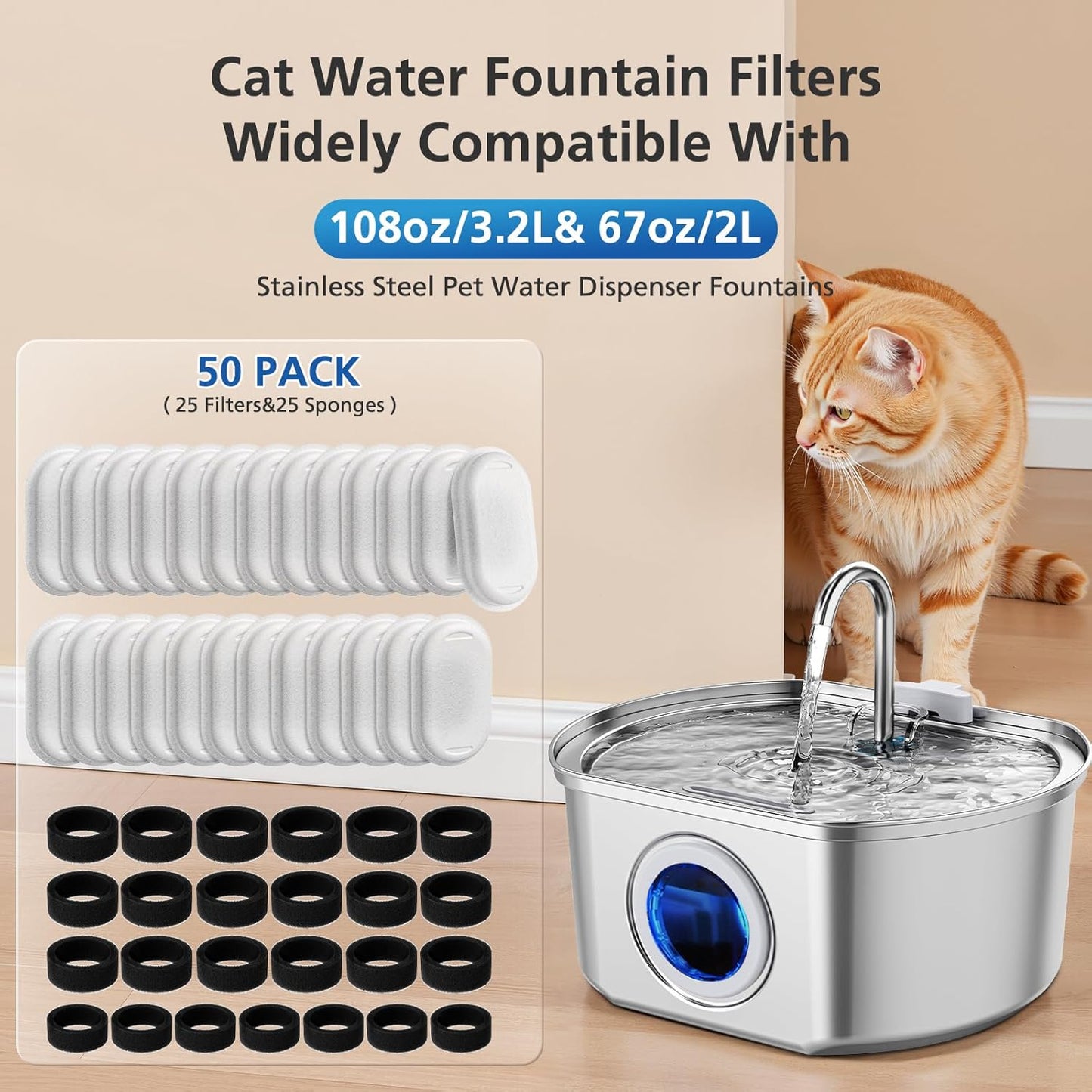 Cat Water Fountain Filter Replacement – 50 Pack (25 Filters + 25 Sponges) for 3.2L & 2L Stainless Steel Dispensers