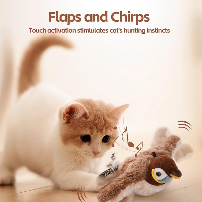 Flappy Bird Cat Toy for Indoor Cats, Chirping Flapping Wings Bird, Interactive Catnip Toys, Plush Kitten Exercise Toys (Sparrow)