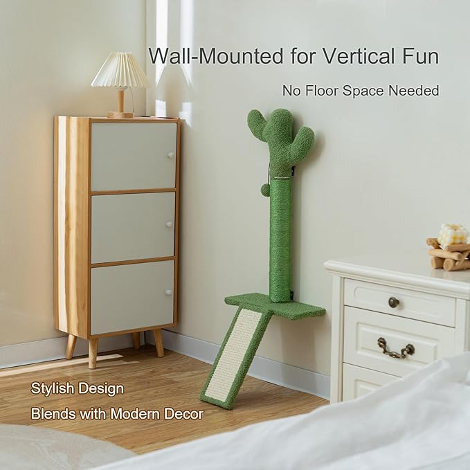 Wall Mounted Cat Scratcher with Jump Platform – Tall, Stable Cat Wall Furniture with Sisal Post for Climbing and Scratching – Cactus Design for Indoor Cats