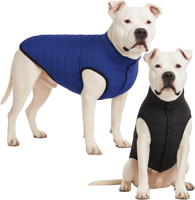 LovinPet Reversible Dog Puffer Coat for Medium & Large Dogs, Down‑Insulated Winter Jacket, Water‑Resistant & Wind‑Resistant, Anti‑Static, Dual-Sided Blue & Black for Cold Weather,XL