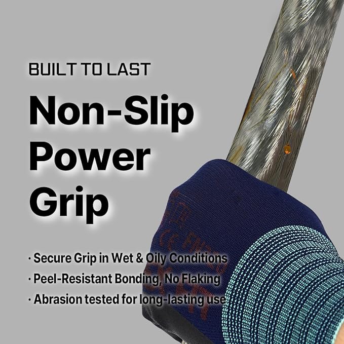DEX FIT Premium Nylon Work Gloves FN320 - Firm Nitrile Grip, 3D-Comfort Stretchy Fit, Thin & Lightweight, Protective & Durable, Breathable, Machine Washable; Navy 9 (L) 3 Pairs