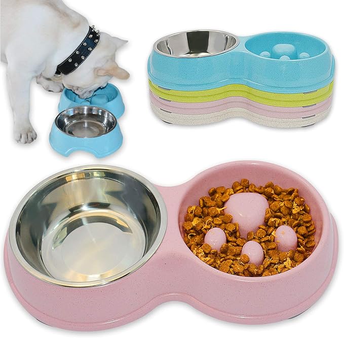 Dog Slow Eating & Drinking Bowl,Stainless Steel Interactive Slow Feed Dog Bowl for French Bulldog,Slow Down Eating Eco-Friendly pet Bowl for Frenchie (Pink)