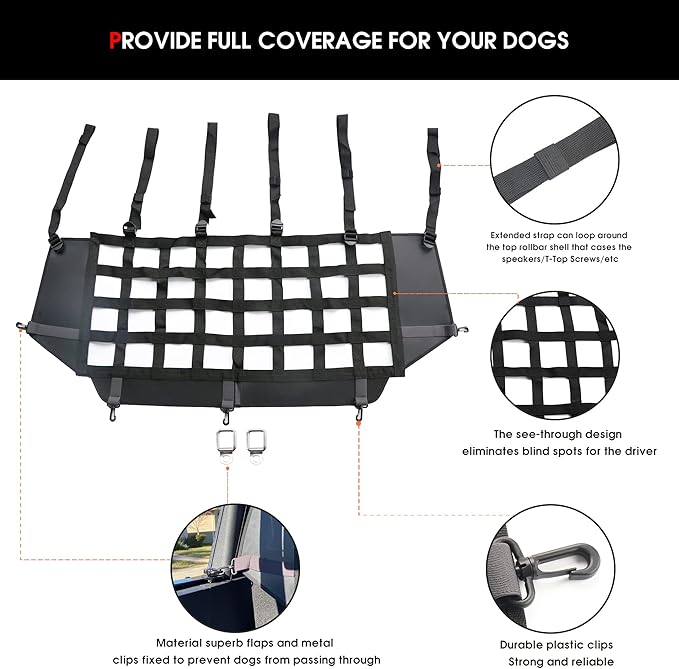 Dog Car Barrier for Bronco, Dog Barrier Car Net Mesh Divider Restraint Trunk Cargo Area for 2021-2025 Ford Bronco Accessories 4 Door, Suitable for Medium, Large Pets, Black