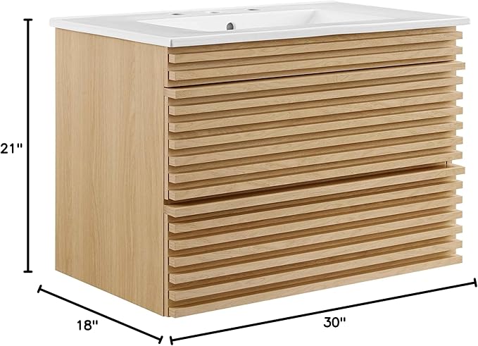 Modway Render 30" Wall-Mount Bathroom Vanity in Oak White
