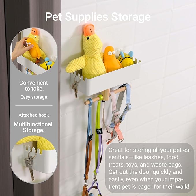 Dog Leash Holder for Wall, Dogs Leash Hooks, Dogs Leashes Shelf Organizer, Pet Stuff Organizer with Shelf Storage, Hooks for Entrance Living Room Kitchen-Gifts for Dog Lovers (Black)