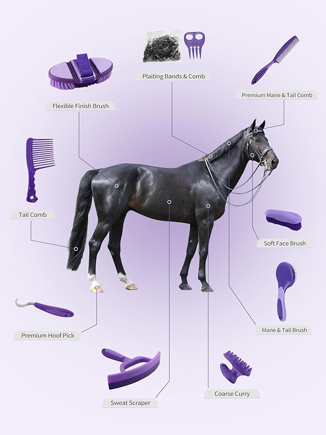 Harrison Howard Horse Grooming Kit, 9-Piece Set with Non-Slip Silicone Grip for Bathing, Shedding & Hoof Care Purple