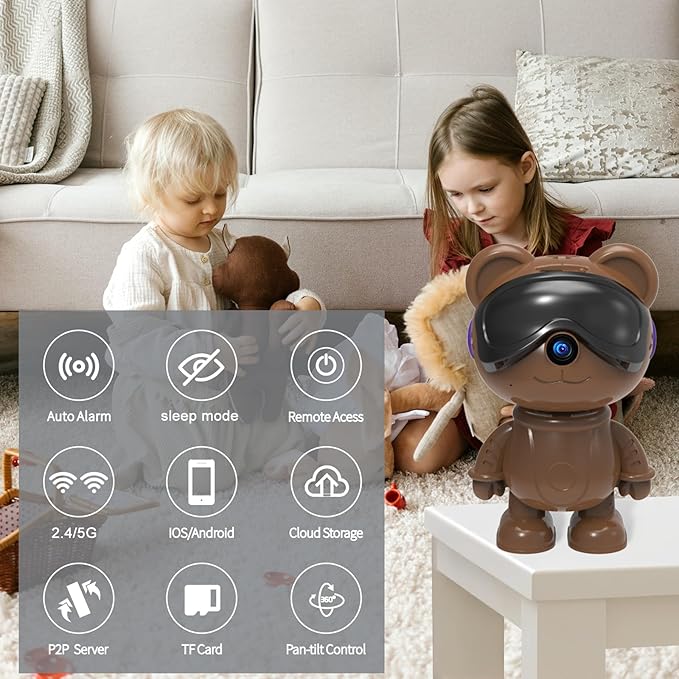 dzcctvipc-Cute Bear-2K Wireless-Smart Robot-Home Security - Camera,Nanny & Pet Motion Monitor,Baby Cry Detection Alarm,Privacy Mode,5G Dual-Band,PanTilt,Full HD Night Vision,24/7 Recording,2-Way Audio