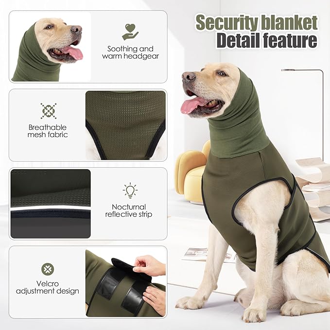 Dog Anxiety Jacket, Dog Shirt with Turtleneck, Breathable Calming Vest, Indoor and Outdoor Separated Pet Jacket (Military Green, Large)