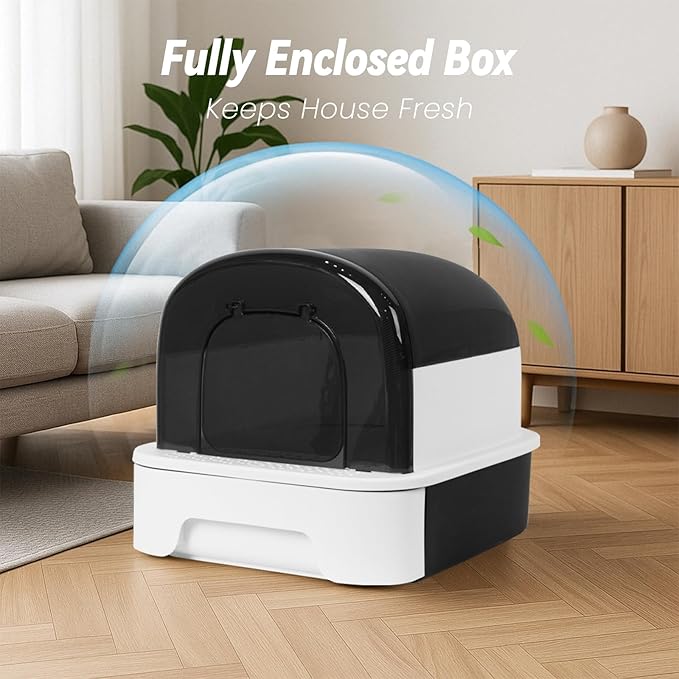 Enclosed Litter Box with Front Door Flap and Scoop, Covered Kitty Litter Box with Handle and Buckles for Portability and Privacy (Shining Black)